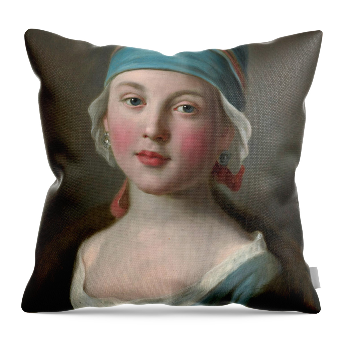 Portrait Of A Russian Girl In A Blue Dress And Headdress Throw Pillow featuring the painting Portrait of a Russian Girl in a Blue Dress and Headdress by Pietro Rotari