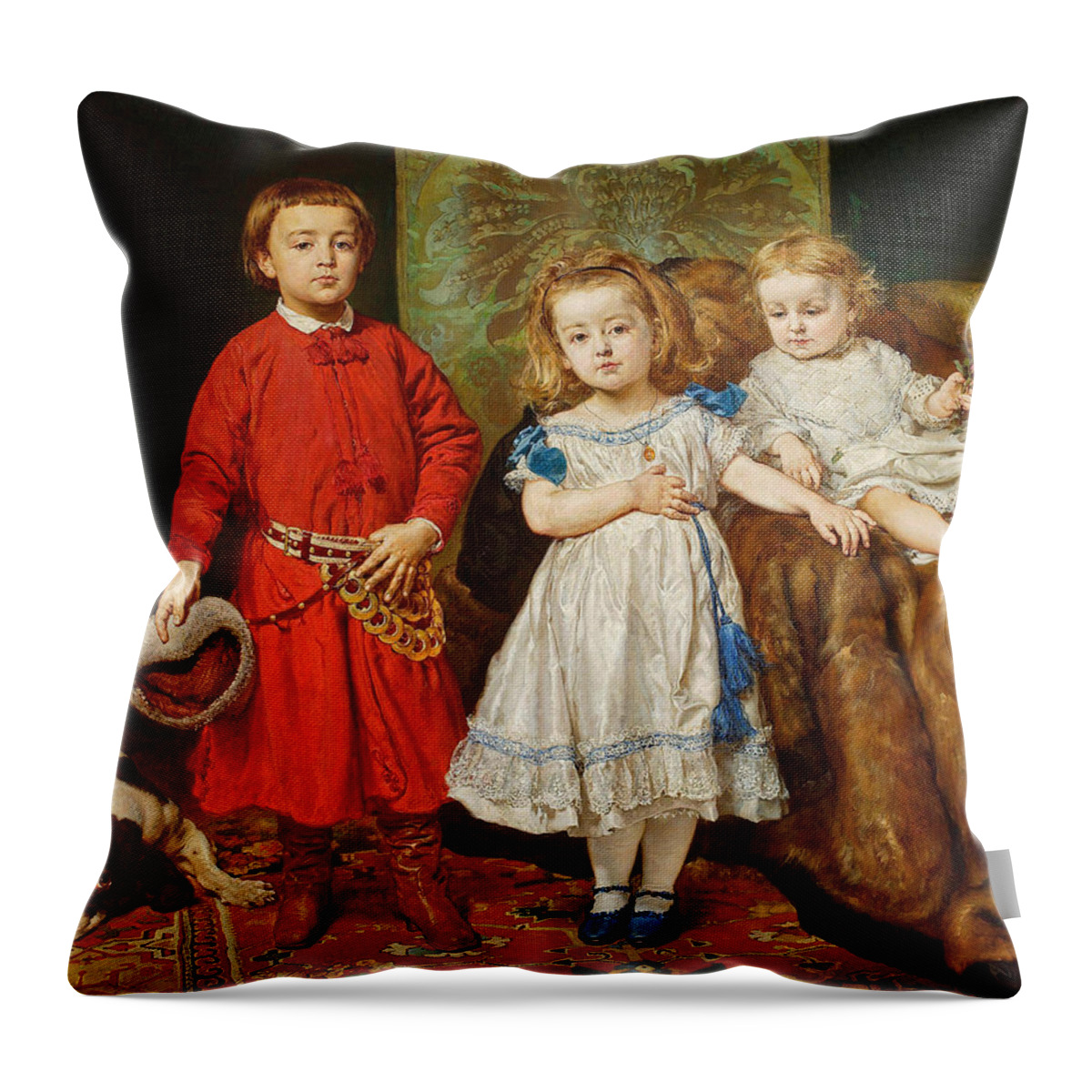 Jan Matejko Throw Pillow featuring the painting Portrait of artist's children. Tadeusz Helena and Beata by Jan Matejko