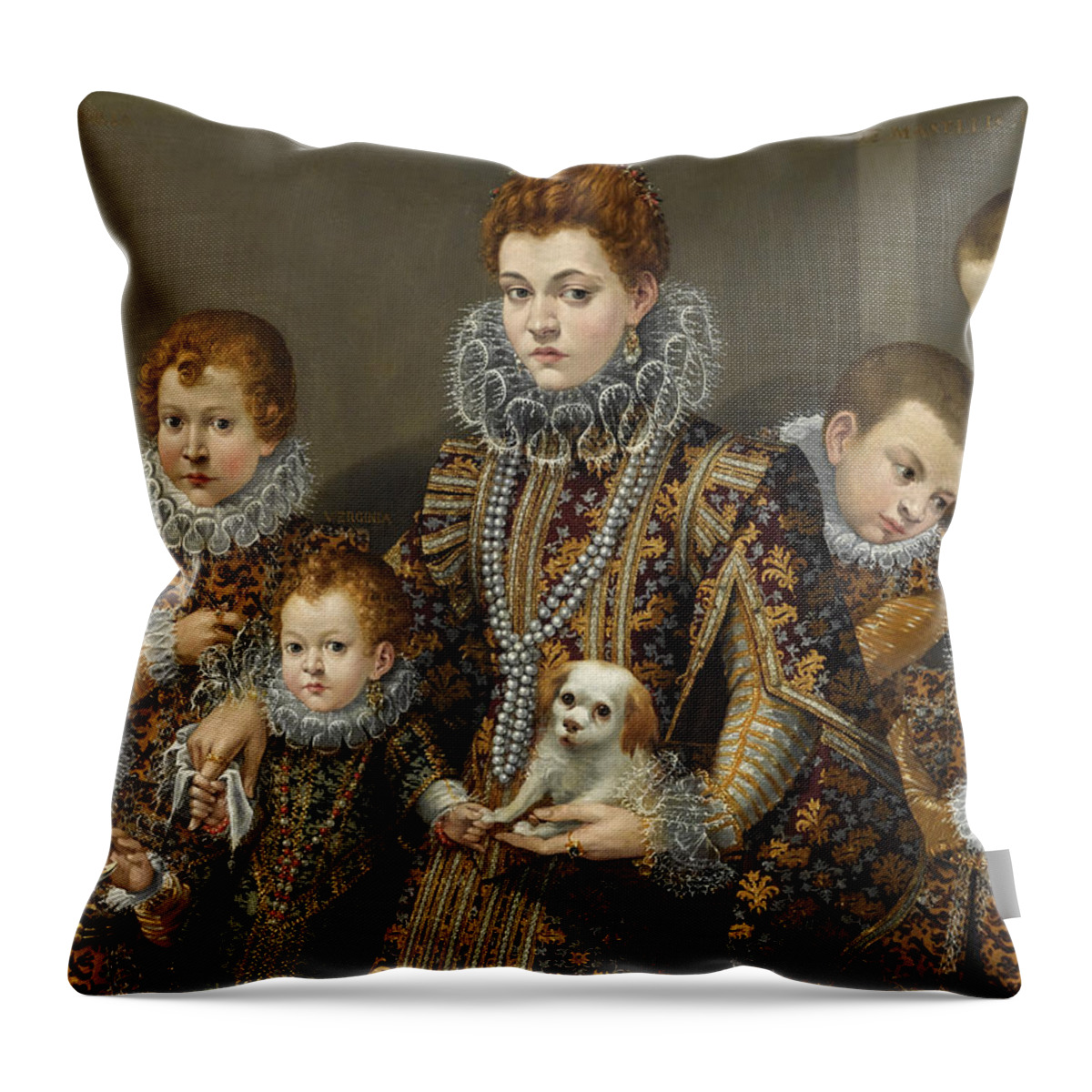 Lavinia Fontana Throw Pillow featuring the painting Portrait of Bianca degli Utili Maselli wife of the nobleman Pierino Maselli with six of her children by Lavinia Fontana