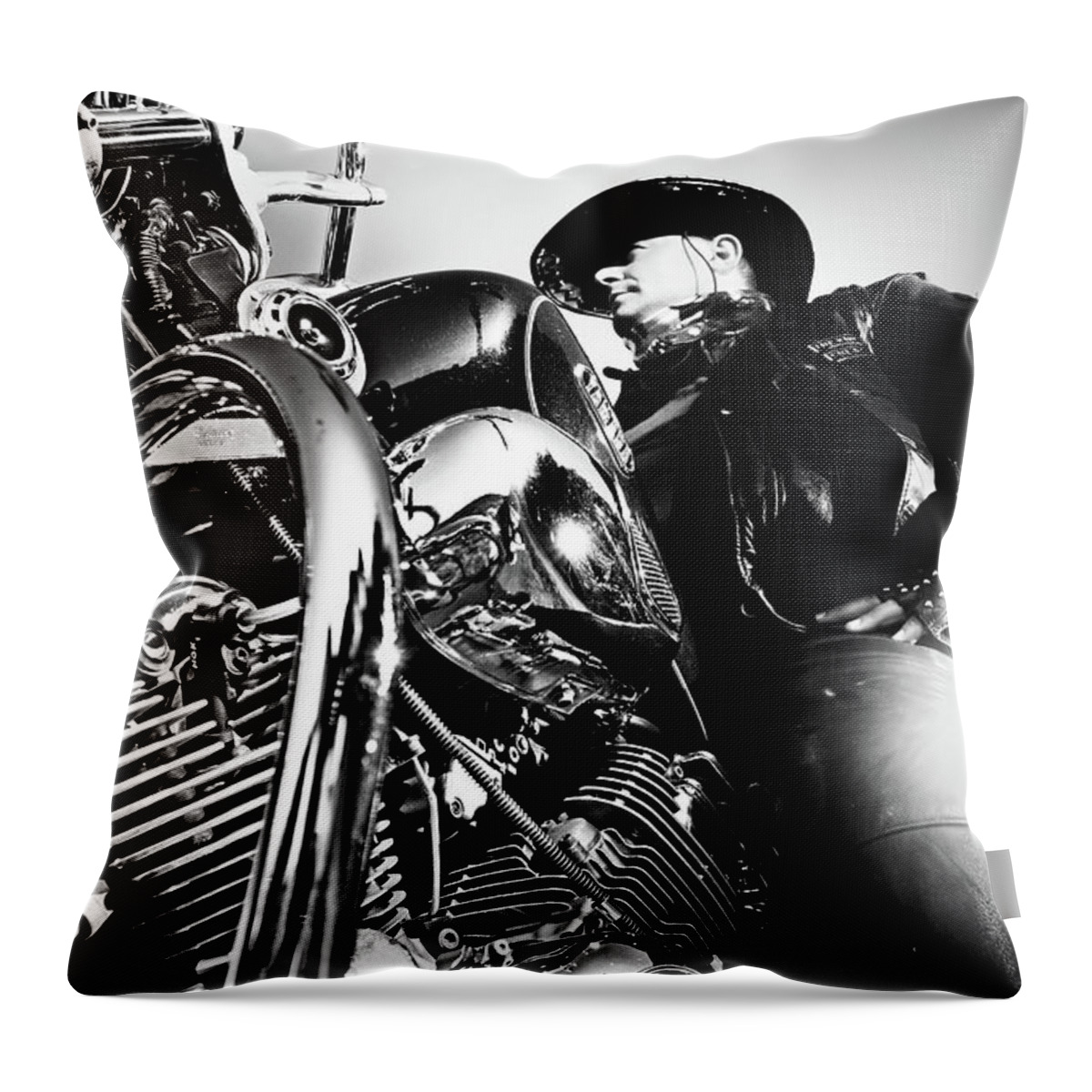 Motorcycle Throw Pillow featuring the photograph Portrait of biker man sitting on motorcycle - black and white by Dimitar Hristov