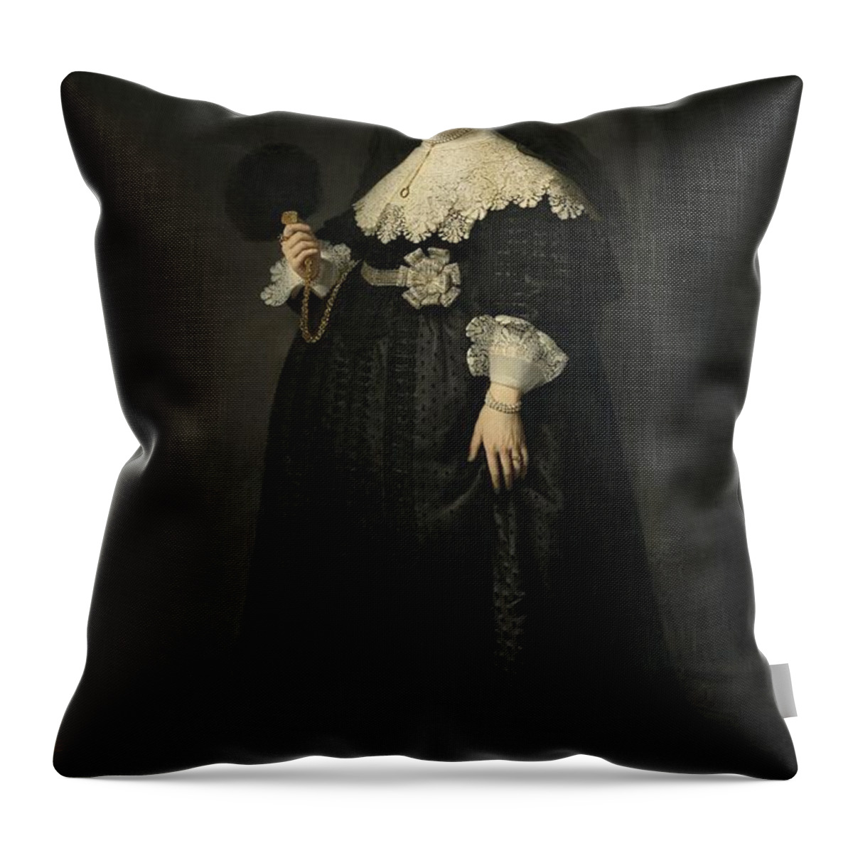 Rembrant Throw Pillow featuring the painting Portrait of Oopjen Coppit, 1634 by Vincent Monozlay
