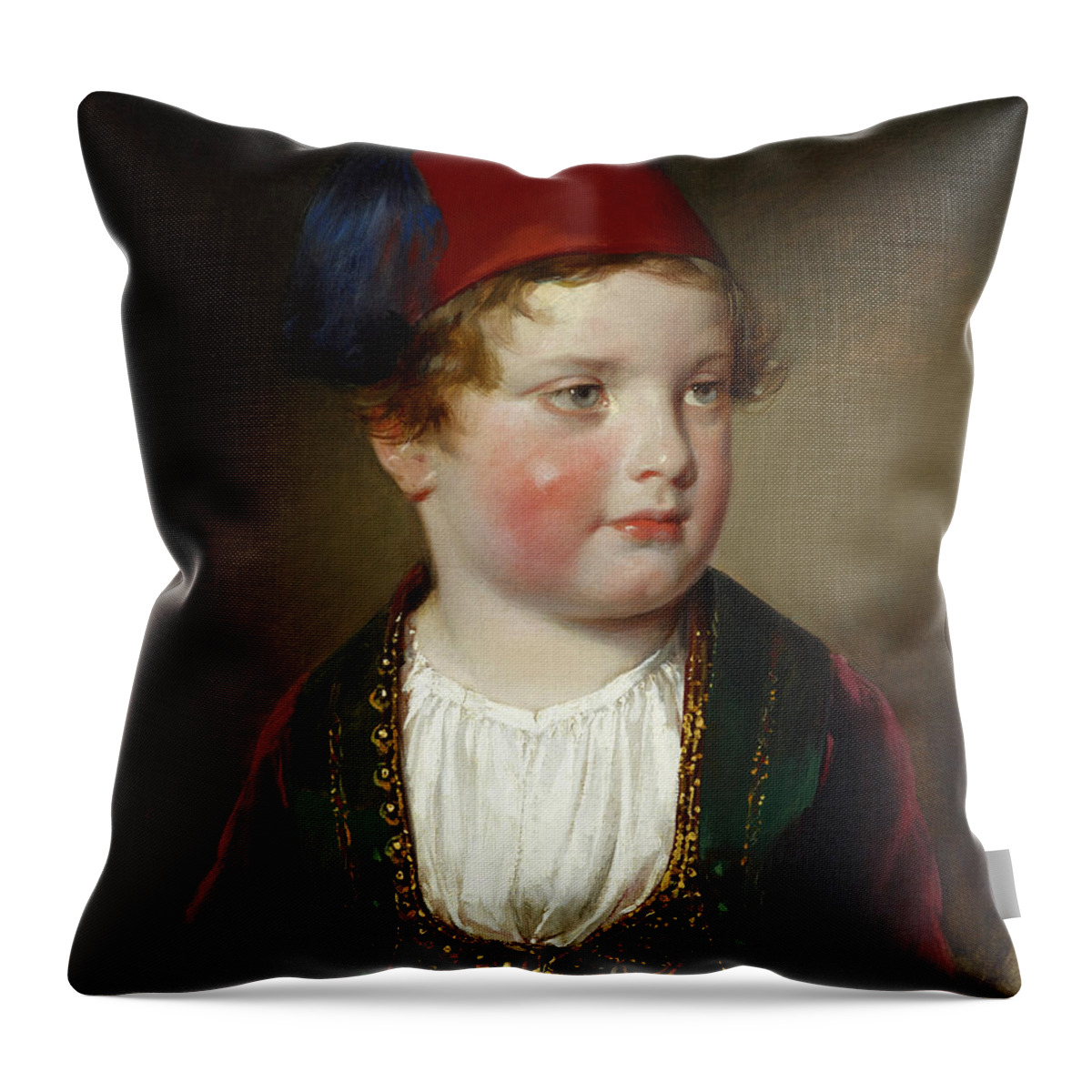 Friedrich Von Amerling Throw Pillow featuring the painting Portrait of Prince Victor Odescalchi in Greek costume at the age of five by Friedrich von Amerling