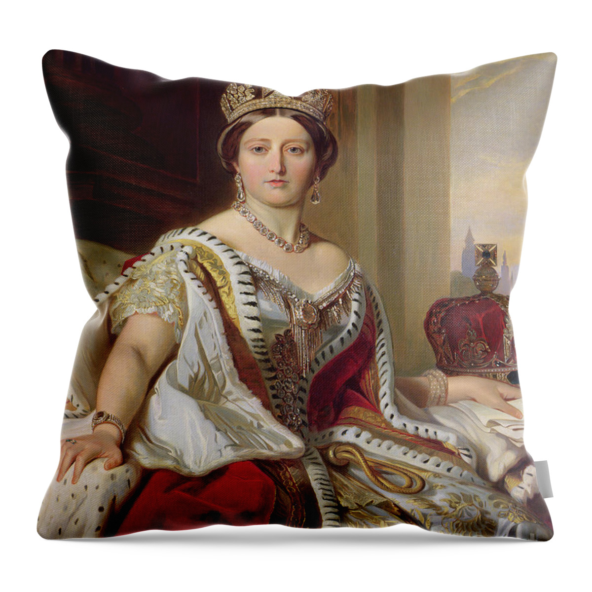 Female; Three-quarter Length; Seated; Crown; Ermine-trimmed Robe; Ermine; Jewellery; Jewelry; Queen; Royal; Imposing; Regal; Robes; Official; Formal; Young; Youth; Queen Throw Pillow featuring the painting Portrait of Queen Victoria by Franz Xavier Winterhalter