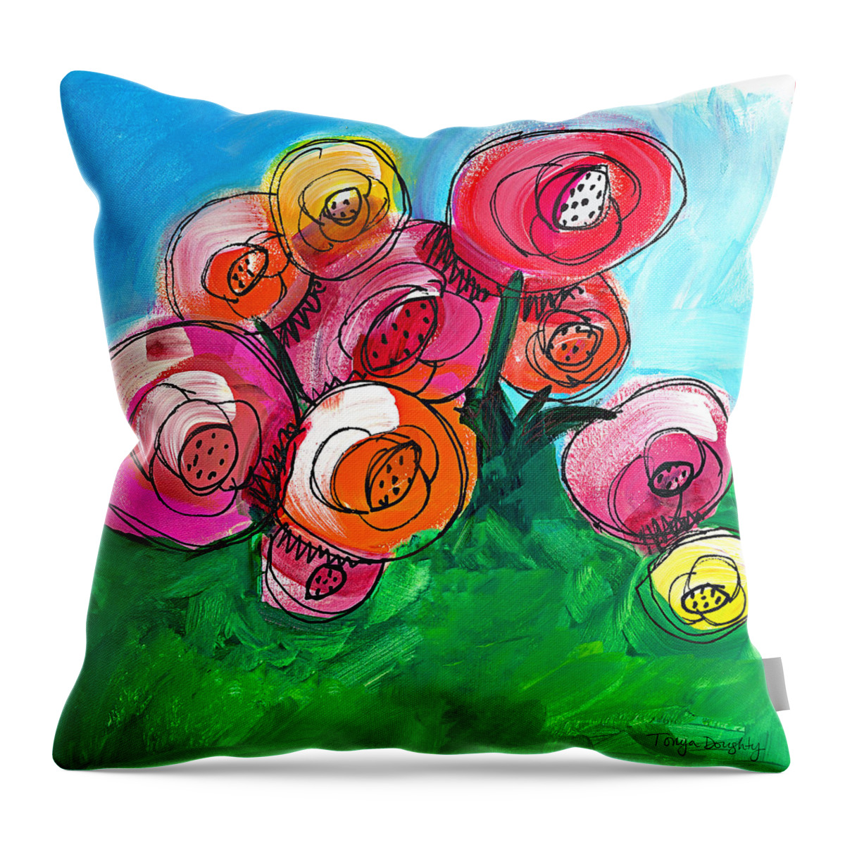 Modern Throw Pillow featuring the mixed media Posies by Tonya Doughty
