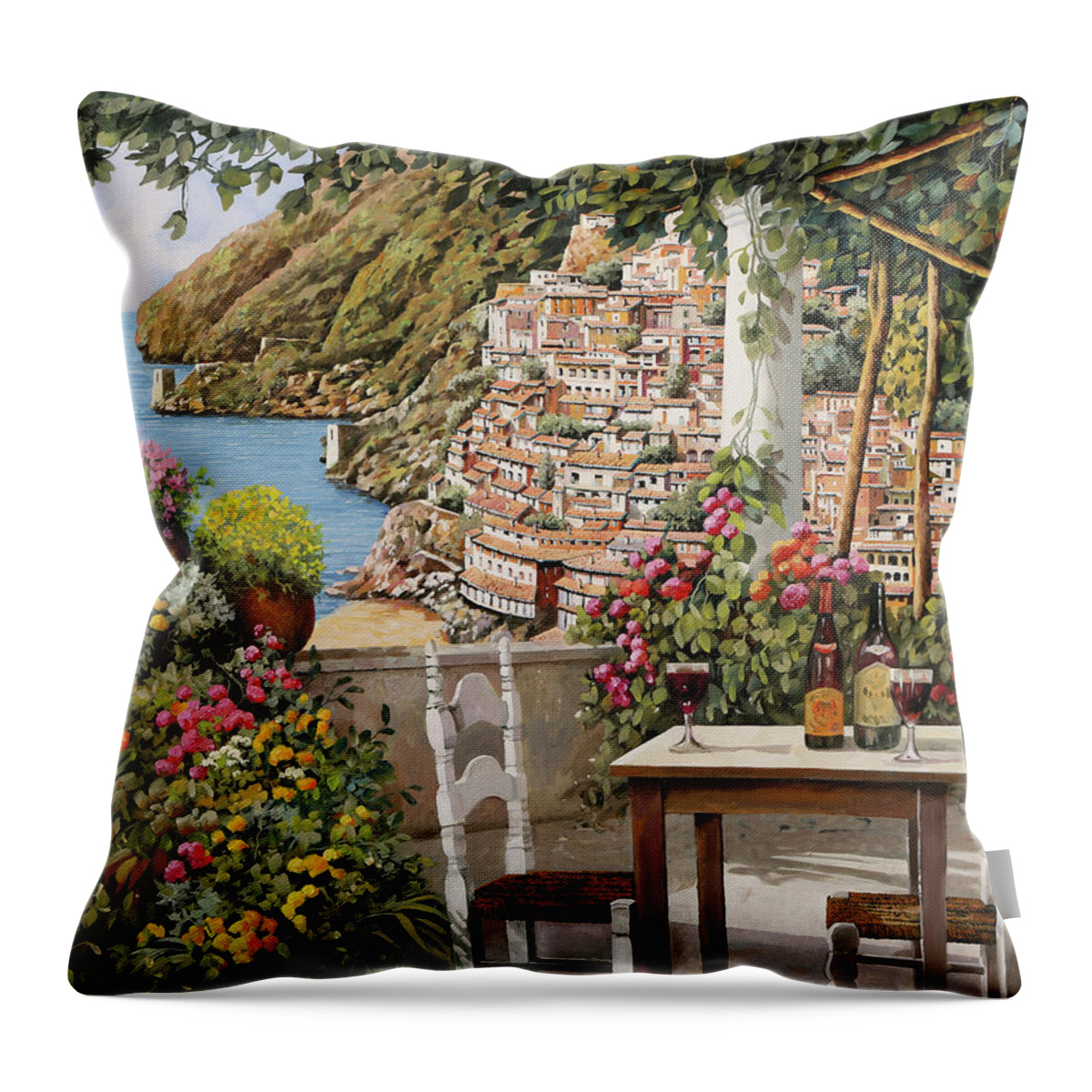 Positano Throw Pillow featuring the painting aperitivo sulla terrazza di Positano by Guido Borelli