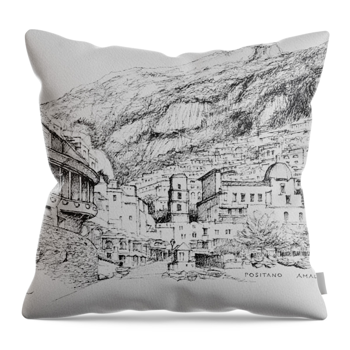 Italy Throw Pillow featuring the drawing Positano on the Amalfi Coast of Italy by Dai Wynn
