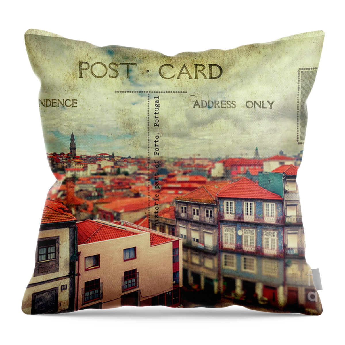 Postcard Throw Pillow featuring the digital art postcard of Porto by Ariadna De Raadt