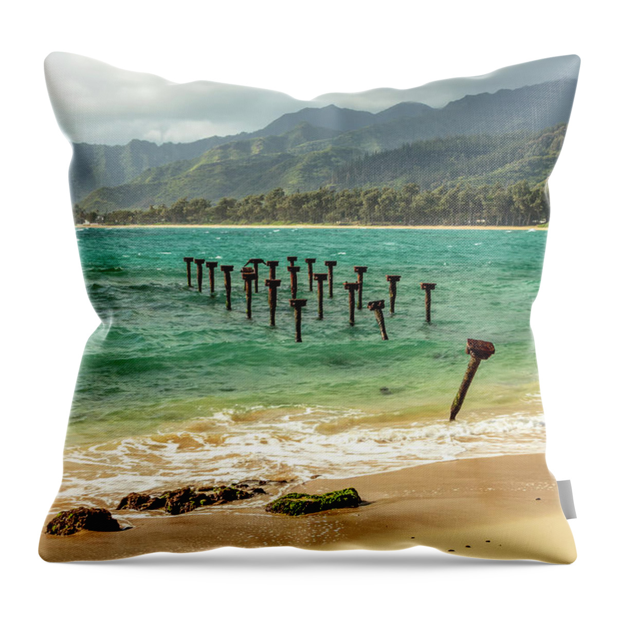 Aqua Throw Pillow featuring the photograph Pounders Beach 7 by Leigh Anne Meeks