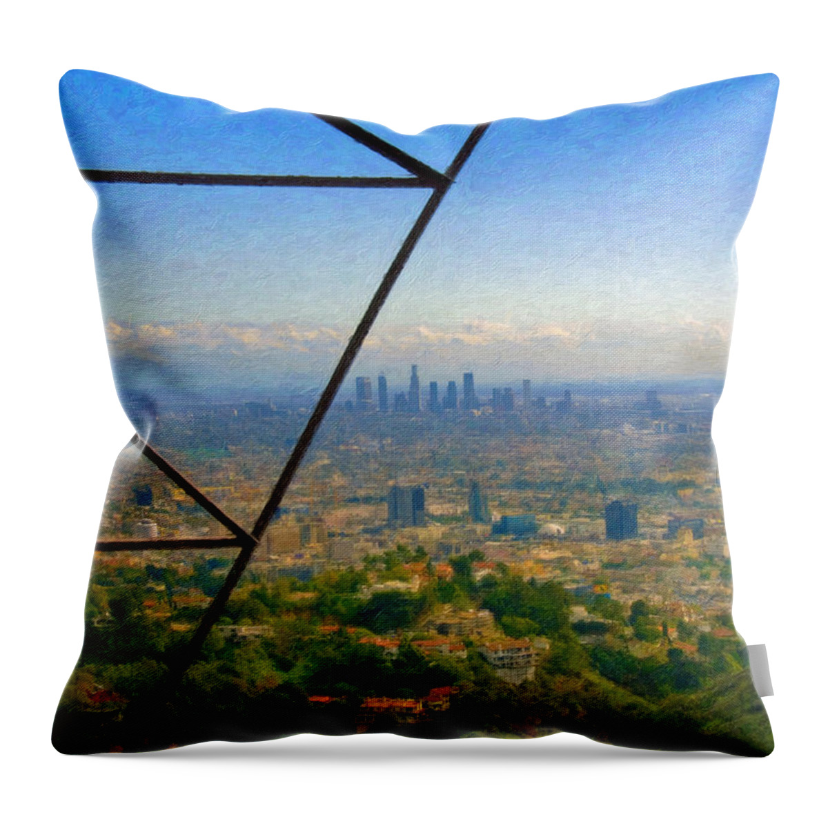 Power Lines Los Angeles Skyline Throw Pillow featuring the photograph Power Lines Los Angeles Skyline by David Zanzinger
