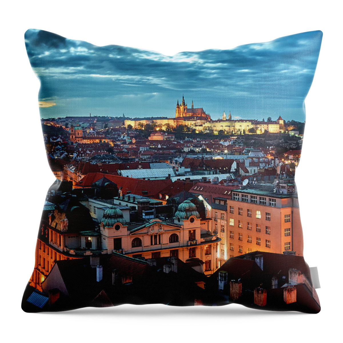 Cityscape Throw Pillow featuring the pyrography Prague at night by Dmitry Dreyer