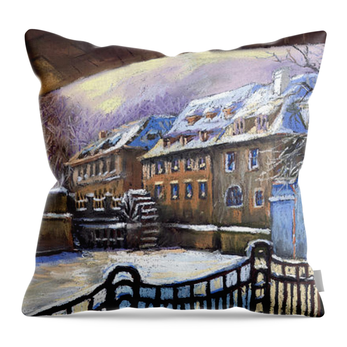 Pastel Throw Pillow featuring the painting Prague Chertovka Winter 01 by Yuriy Shevchuk