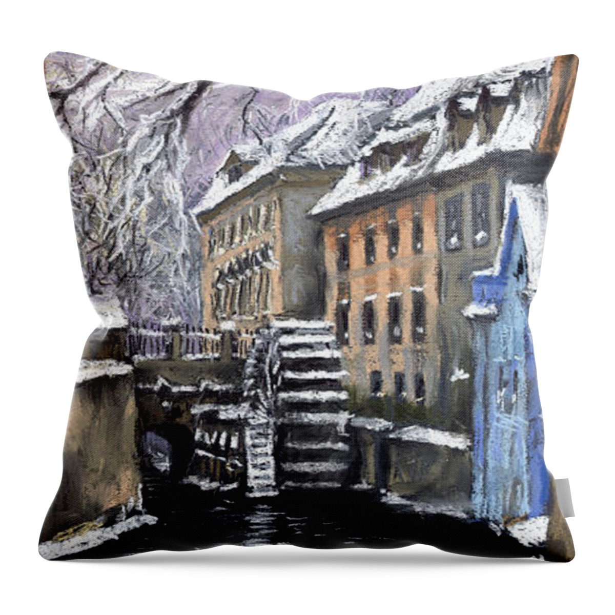 Pastel Throw Pillow featuring the painting Prague Chertovka Winter by Yuriy Shevchuk
