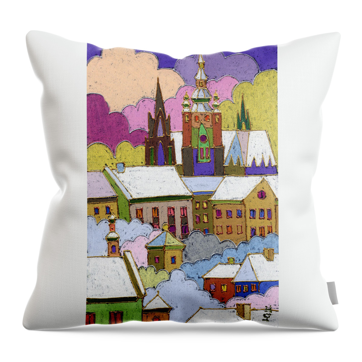 Pastel Throw Pillow featuring the painting Prague Old Roofs Prague Castle Winter by Yuriy Shevchuk
