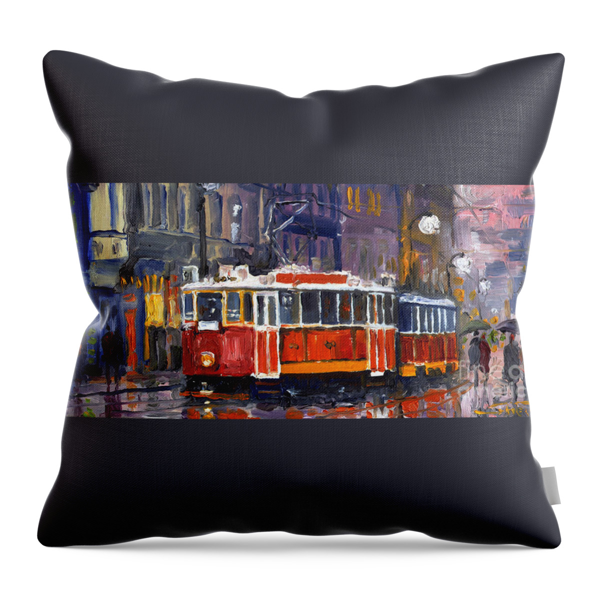 Oil Throw Pillow featuring the painting Prague Old Tram 09 by Yuriy Shevchuk
