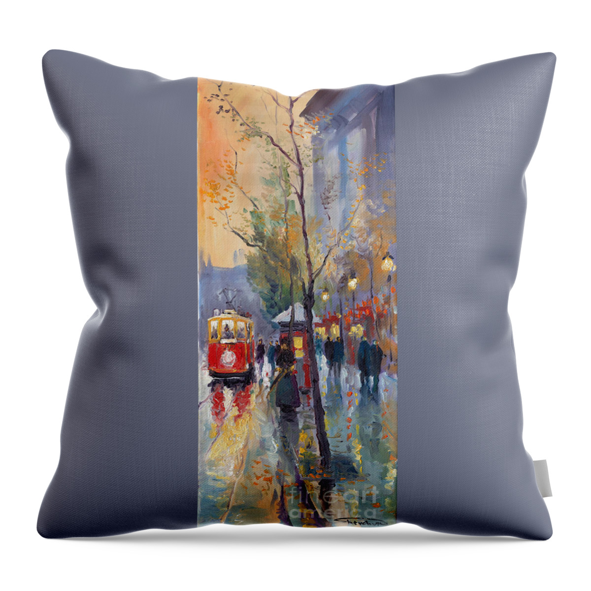 Prague Throw Pillow featuring the painting Prague Old Tram Vaclavske Square by Yuriy Shevchuk