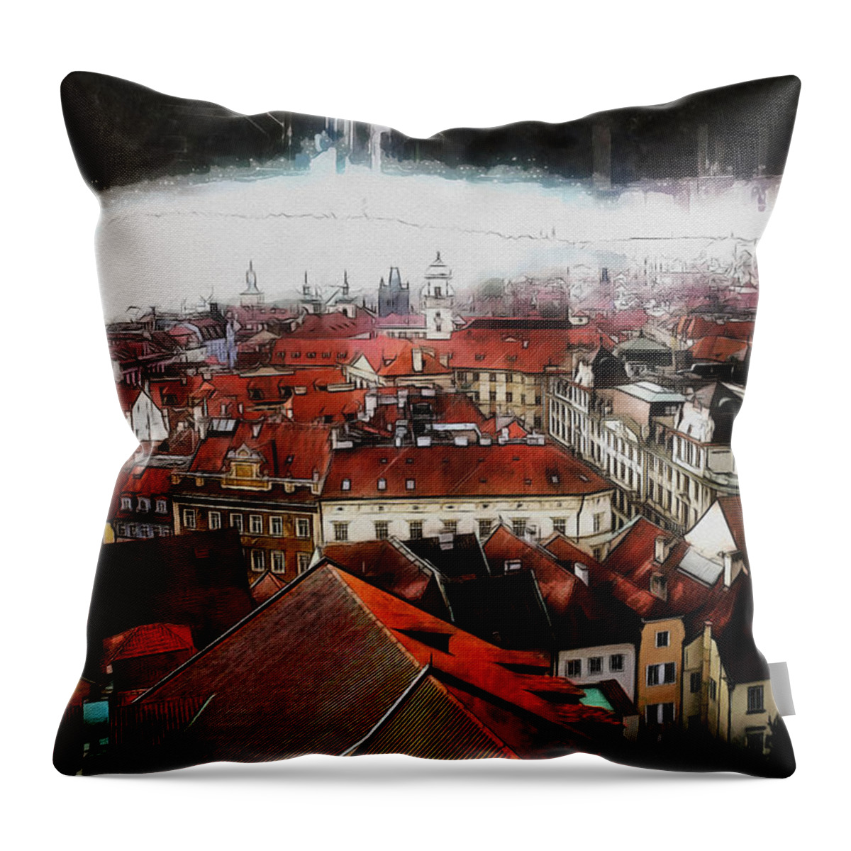 City Throw Pillow featuring the painting Prague Skyline by Kai Saarto