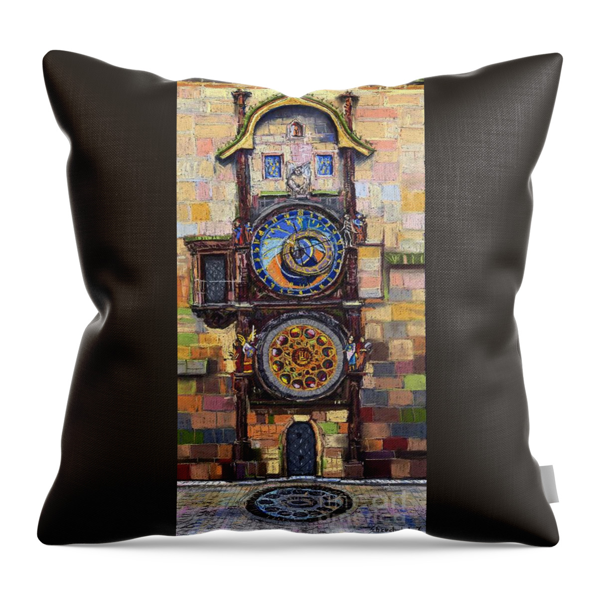 Cityscape Throw Pillow featuring the painting Prague The Horologue at OldTownHall by Yuriy Shevchuk