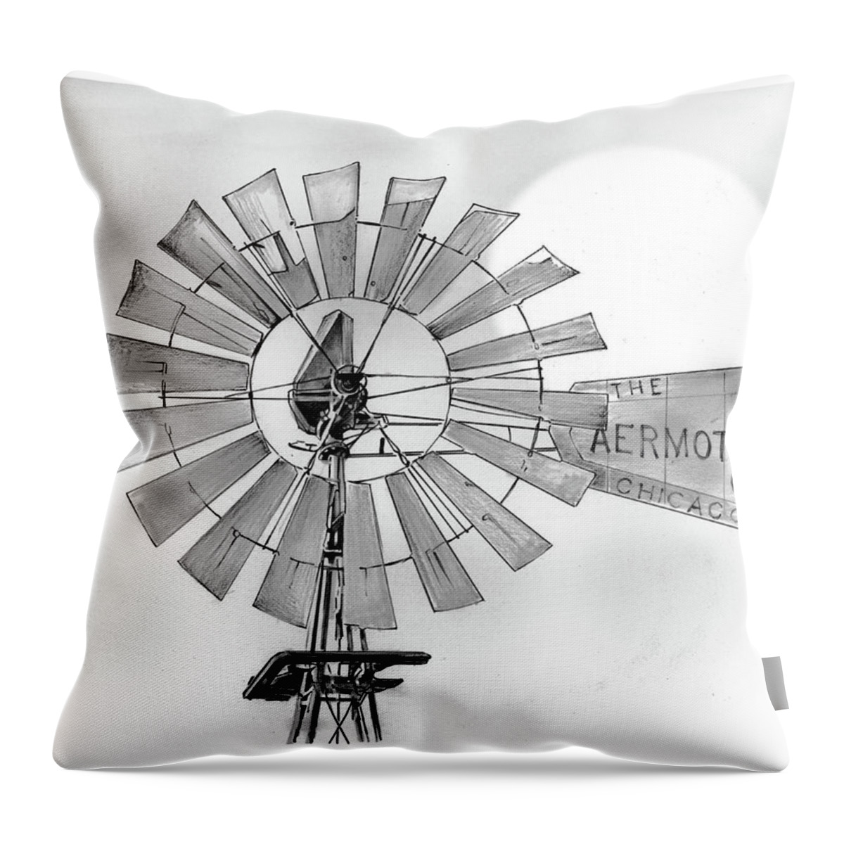 Aermotor Throw Pillow featuring the drawing Prairie Sentinel by Greg Joens