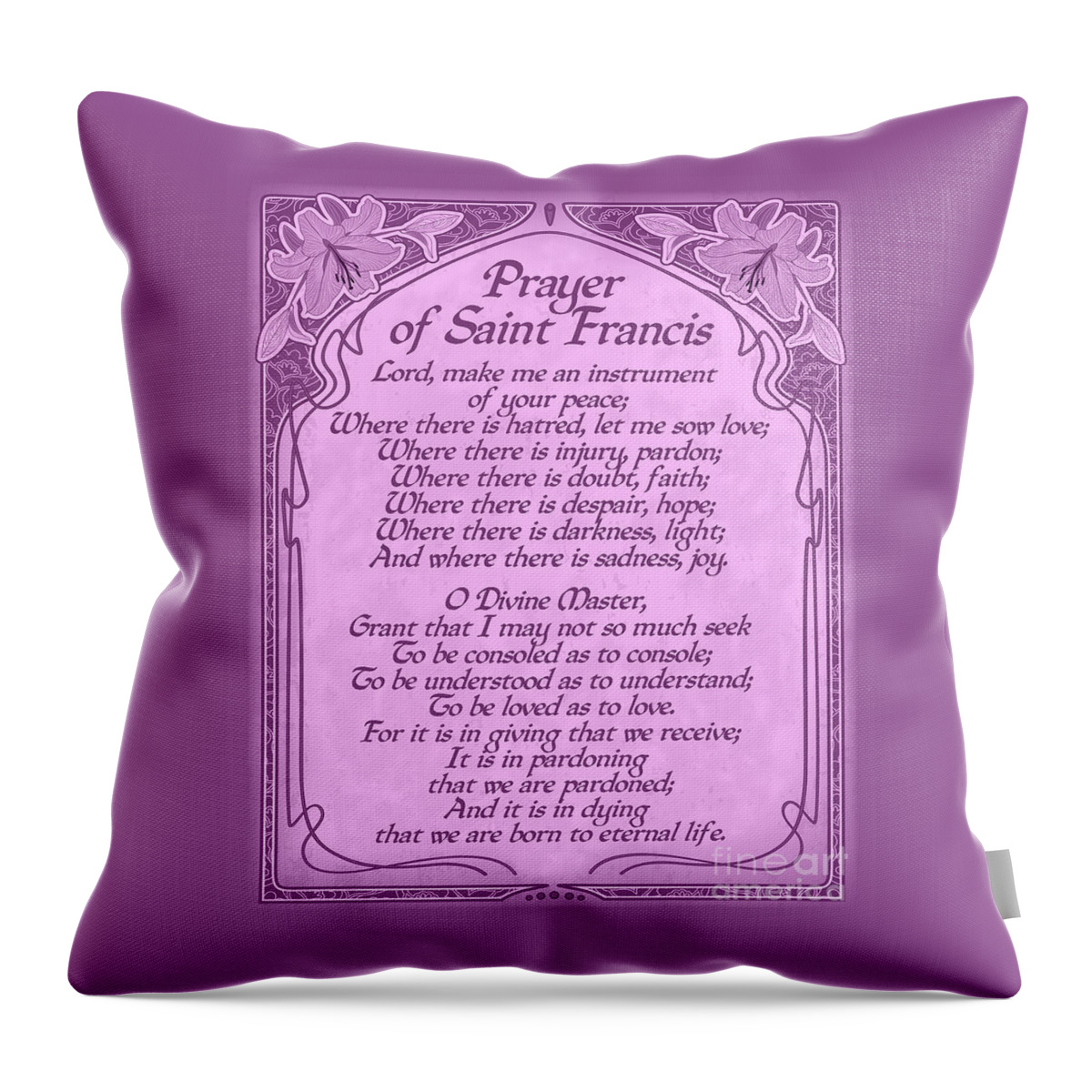 Prayer Of St Francis Throw Pillow featuring the digital art Prayer of Saint Francis - Pope Francis Prayer -Orchid Art Nouveau by Ginny Gaura