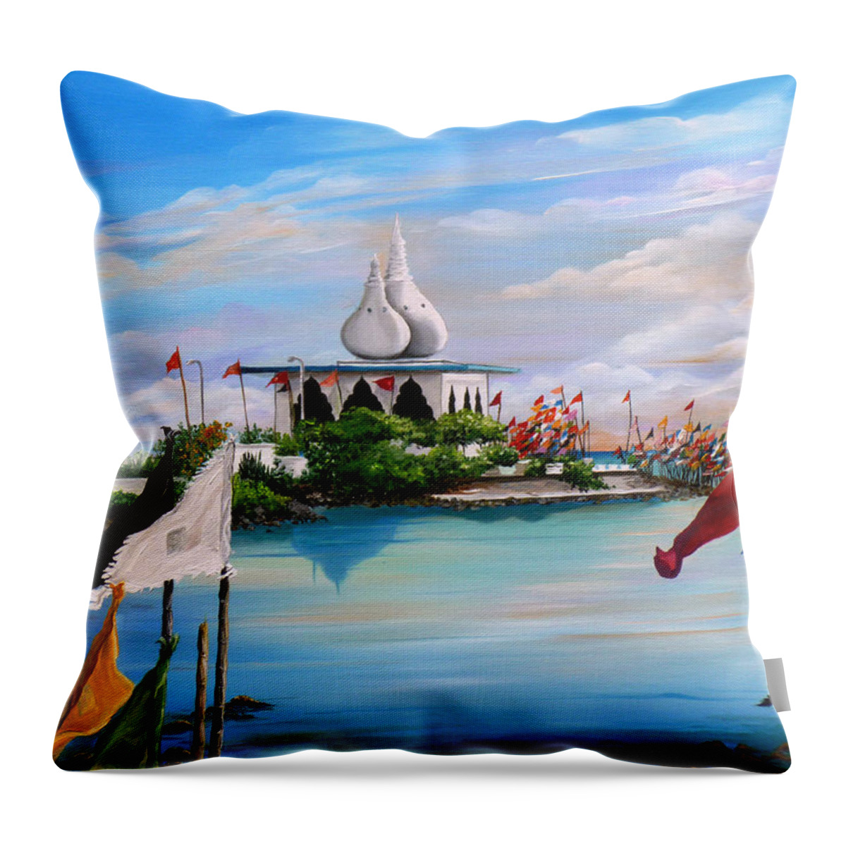 Hindu Temple Throw Pillow featuring the painting Prayers At Waterloo by Karin Dawn Kelshall- Best