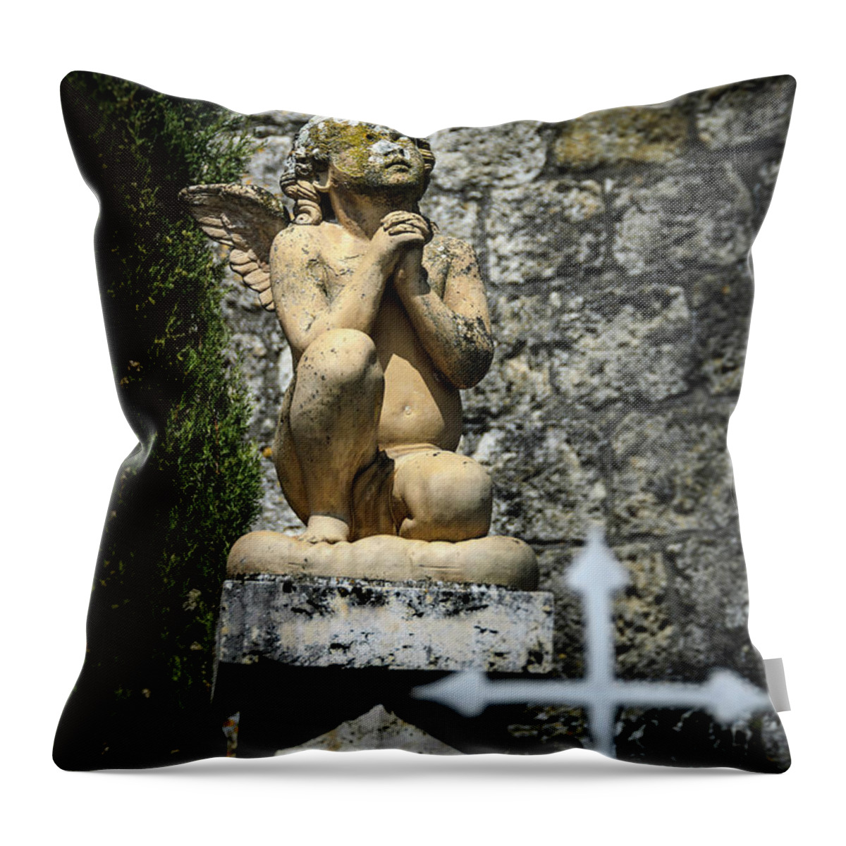 Angel Throw Pillow featuring the photograph Praying angel in Auvillar cemetery by RicardMN Photography
