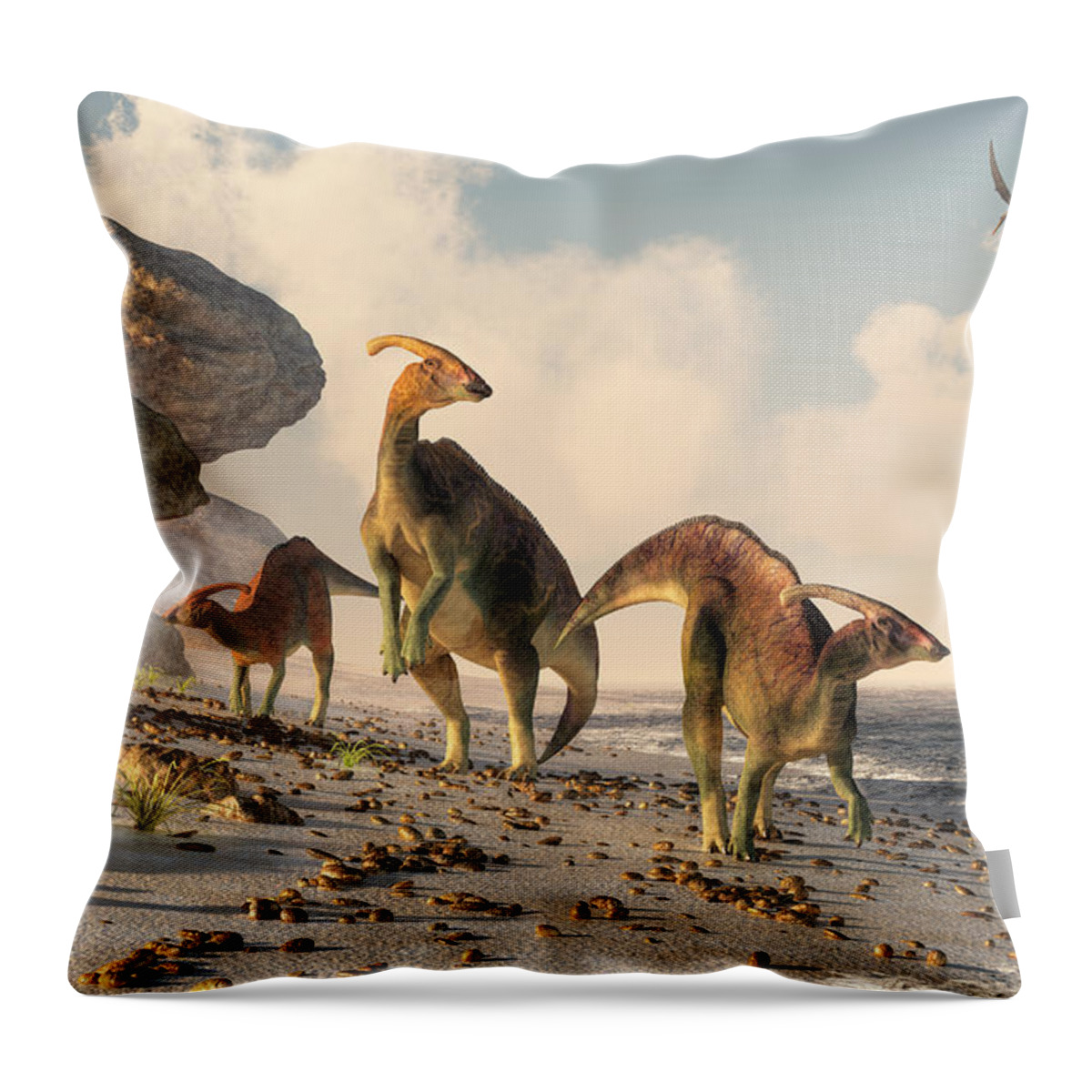 Parasaurolophus Throw Pillow featuring the digital art Prehistoric Beachcombers by Daniel Eskridge