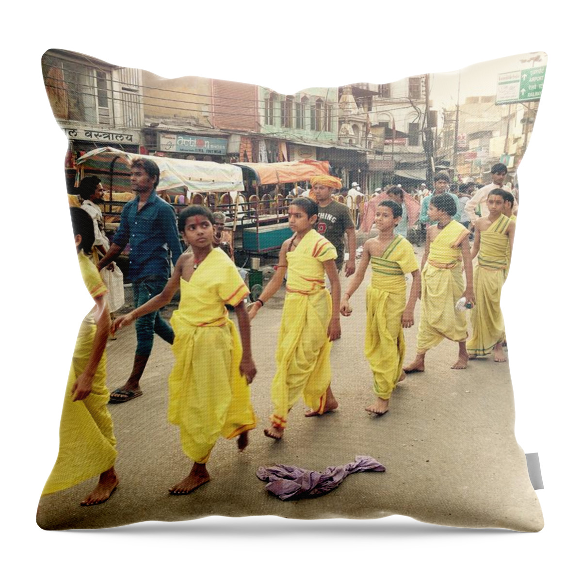 Yellow Throw Pillow featuring the photograph Procession to the Ghats by LeLa Becker