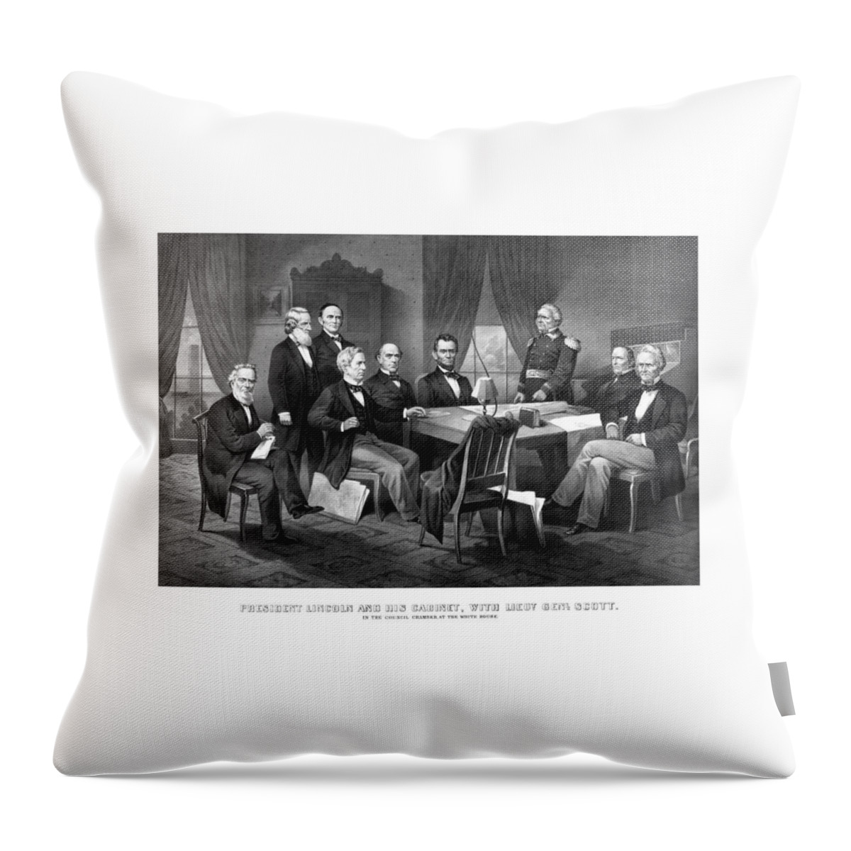 Abraham Lincoln Throw Pillow featuring the mixed media President Lincoln His Cabinet and General Scott by War Is Hell Store