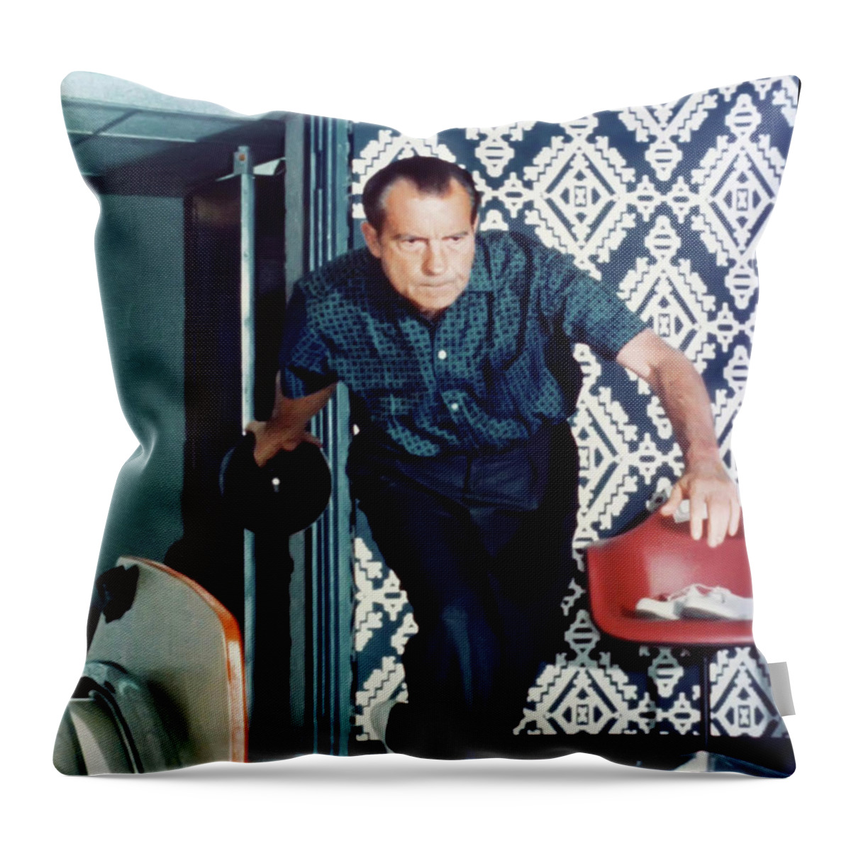 Richard Throw Pillow featuring the photograph President Richard Nixon Bowling by Digital Reproductions