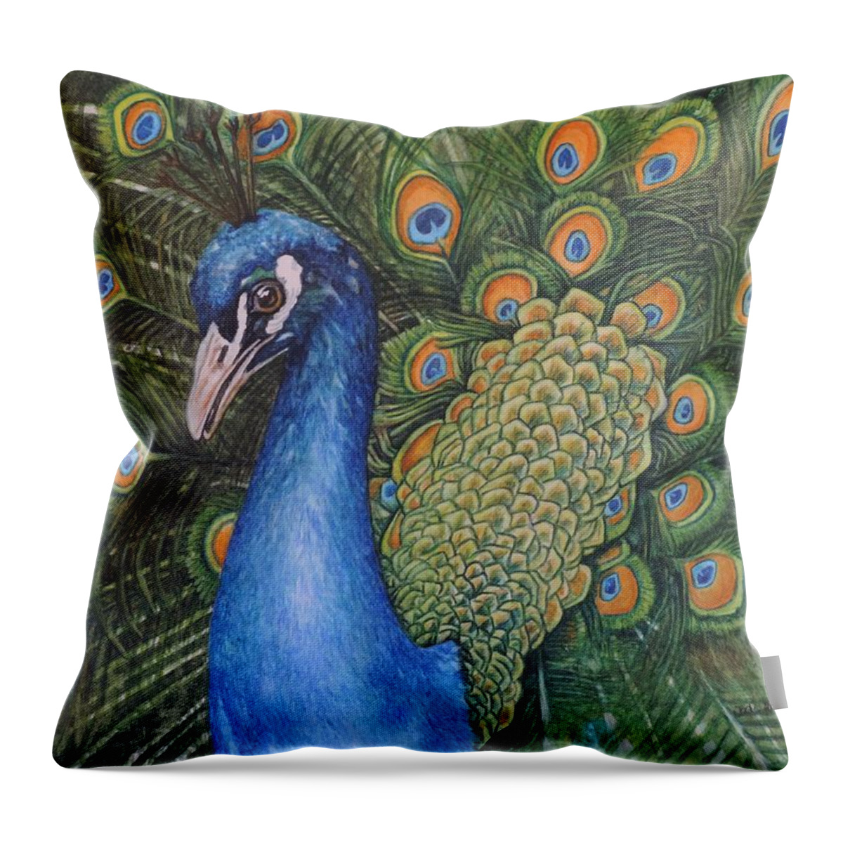 Peacock Throw Pillow featuring the painting Pretty as a Peacock by Jodi Higgins