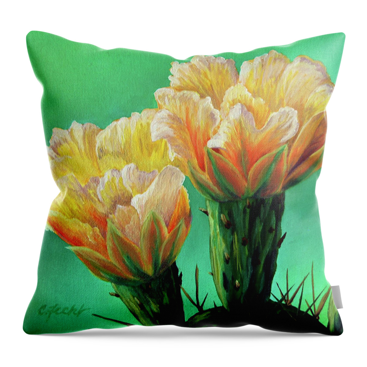 Flower Throw Pillow featuring the painting Prickly Pear Buds by Cheryl Fecht