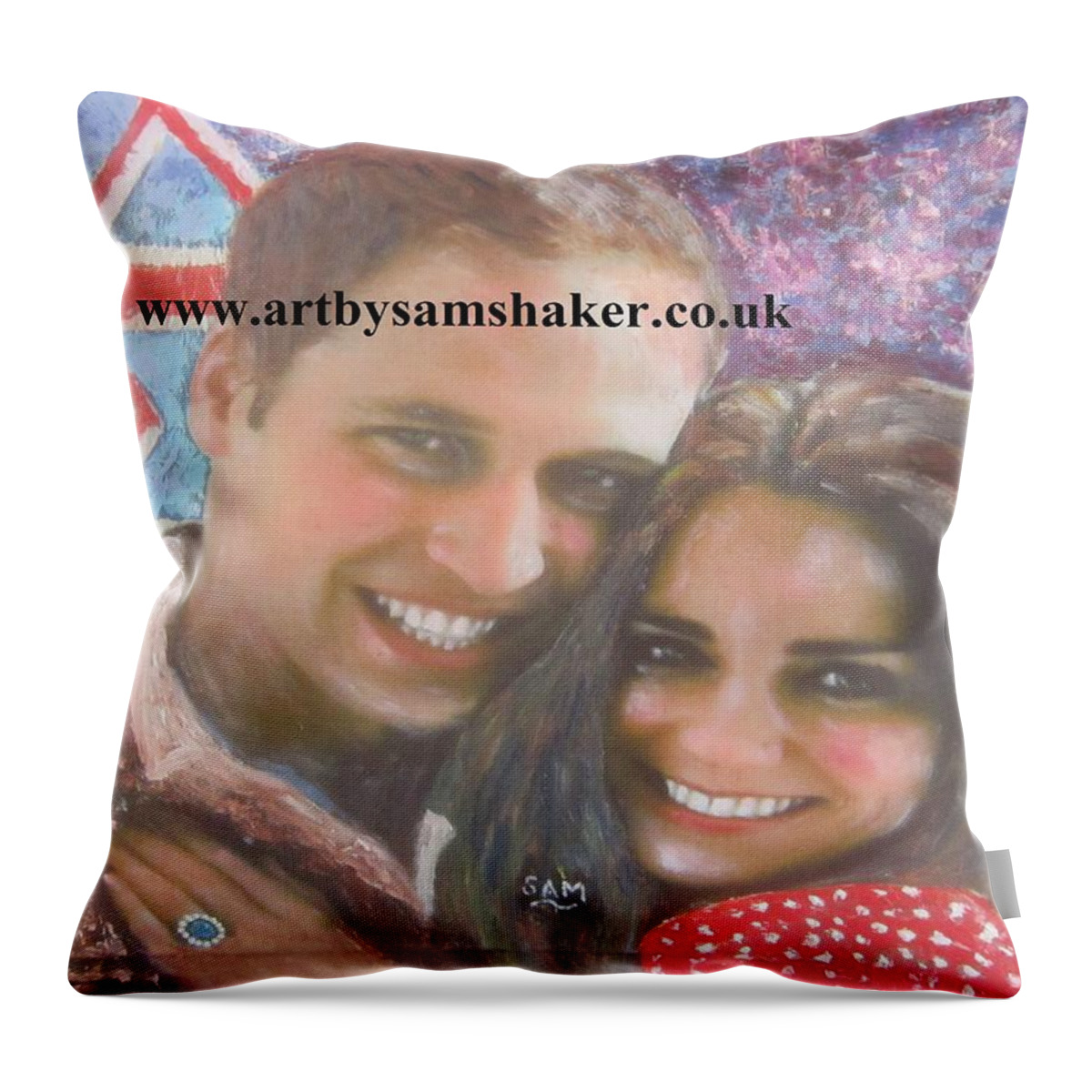 Royal Family Throw Pillow featuring the painting Prince William and Kate by Sam Shaker