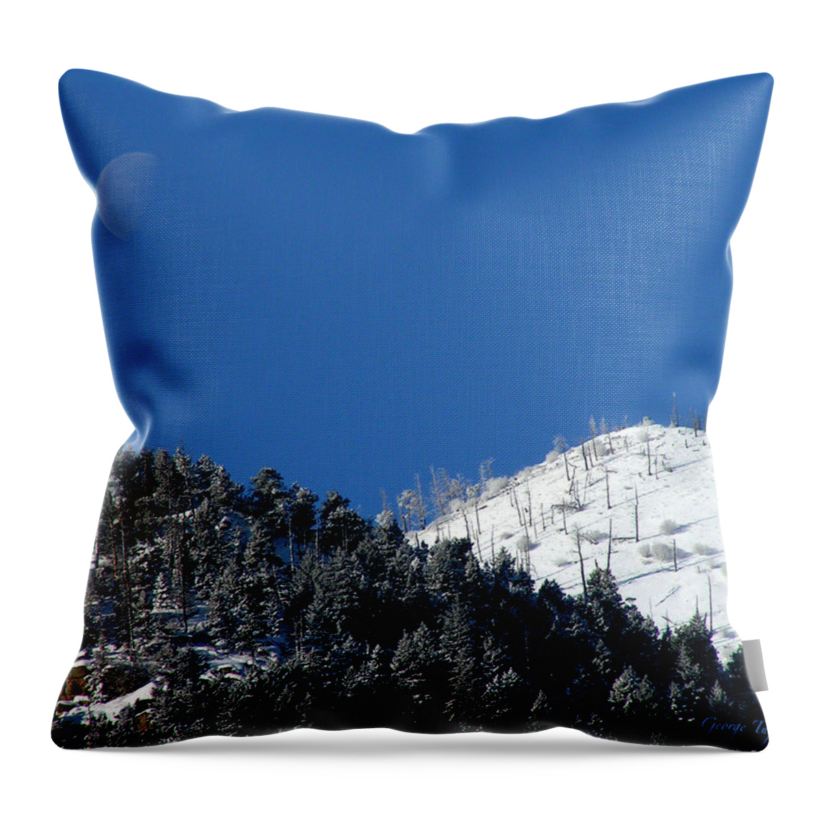 Winter Moon Sugarloaf Mountain Rocky Mountains Colorado Snow Zen Simple Fourmilecanyon Throw Pillow featuring the photograph Pristine winter morning by George Tuffy