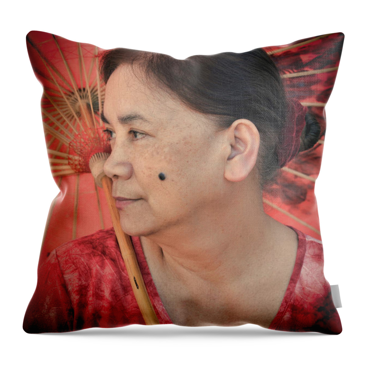 Three Quarter Portrait Throw Pillow featuring the photograph Profile Portrait of a Freckle Faced Filipina with a Mole on Her Cheek by Jim Fitzpatrick