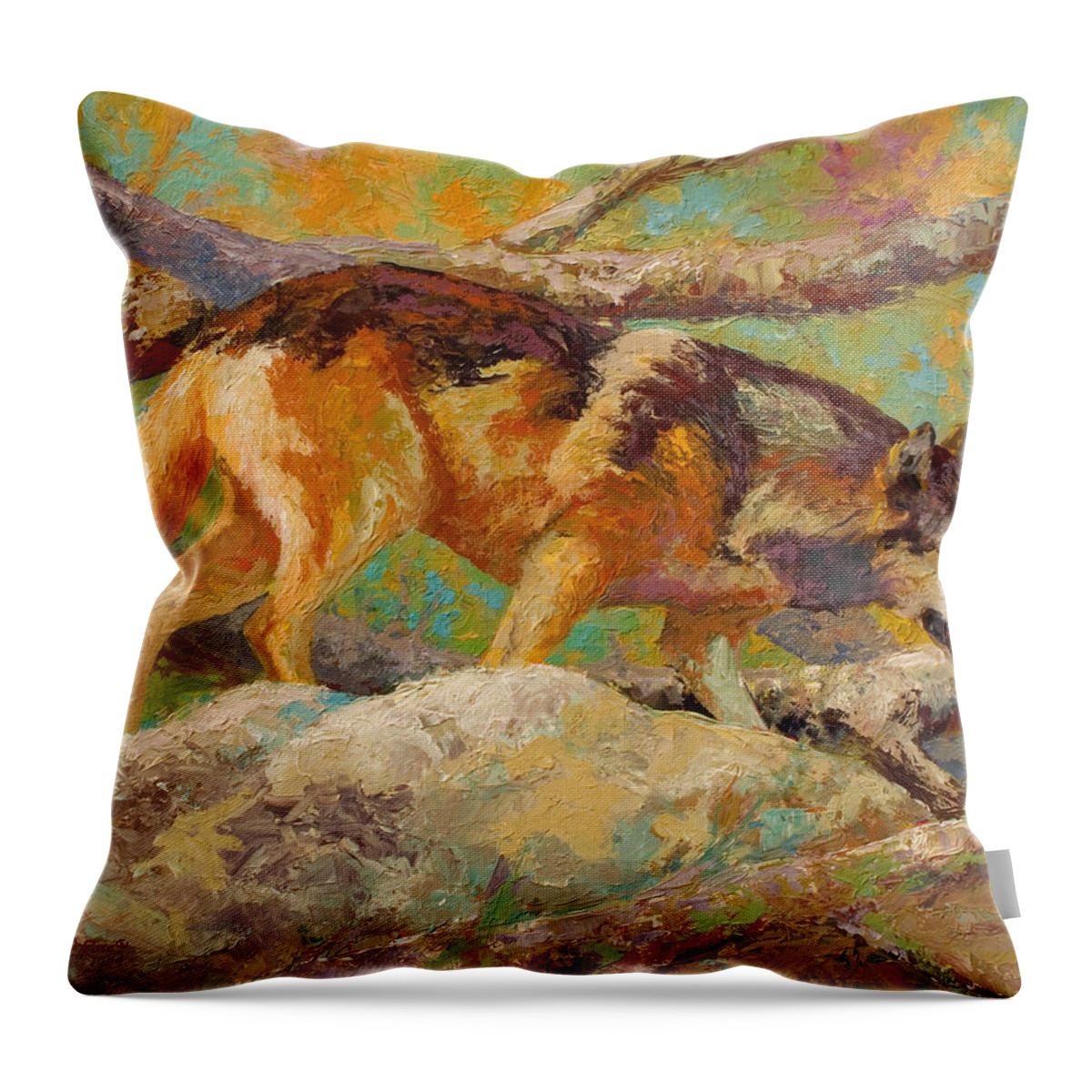 Wolf Throw Pillow featuring the painting Prowler - Grey Wolf by Marion Rose