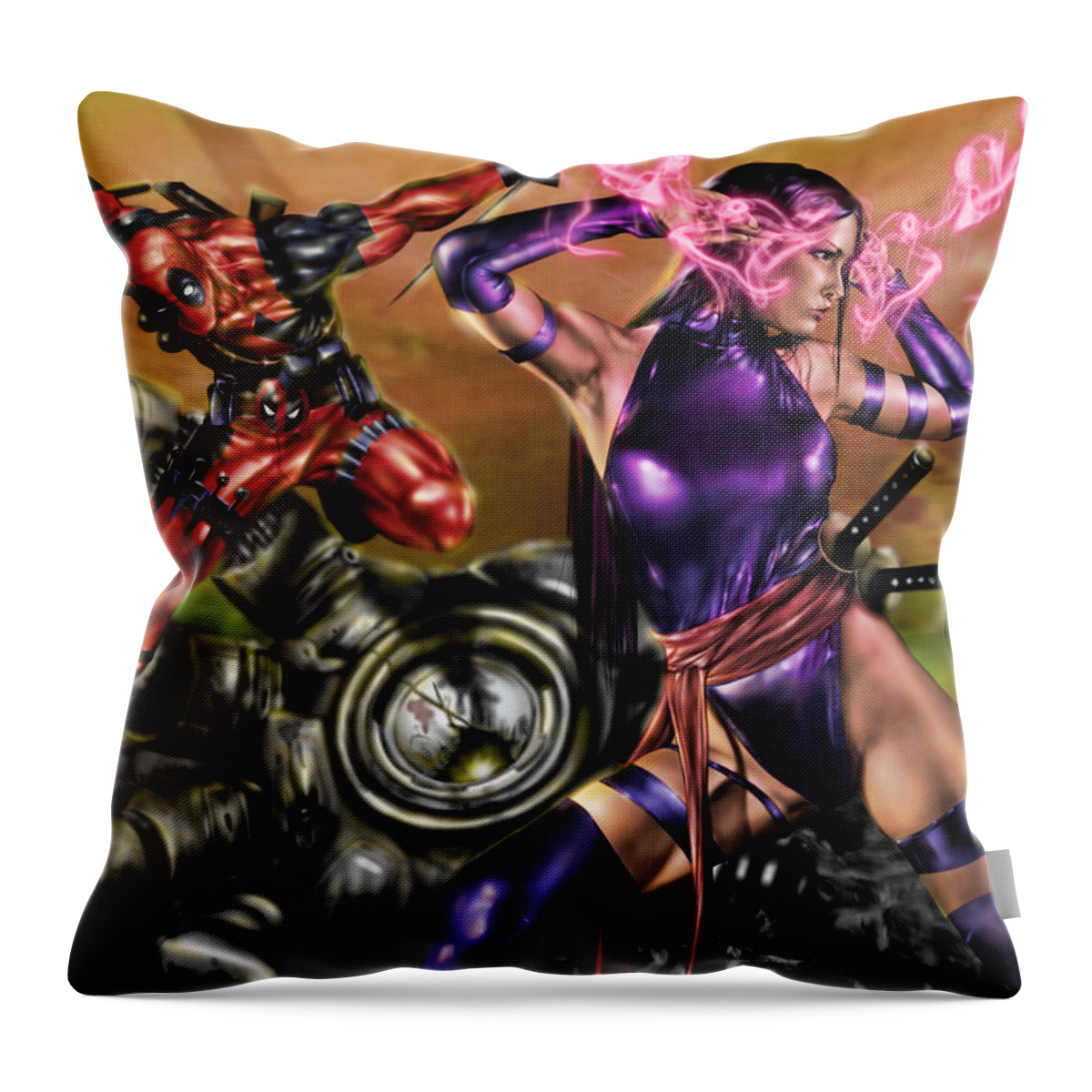 Marvel Throw Pillow featuring the painting Psylocke and Deadpool by Pete Tapang
