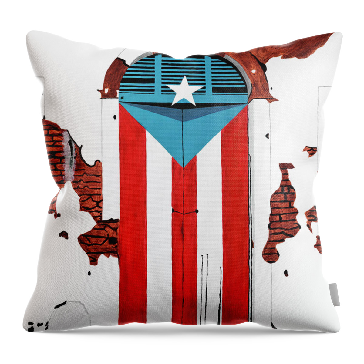 Door Of The Puerto Rico Flag In The City Of San Juan Throw Pillow featuring the painting Puerta Bandera Puerto Rico by Edwin Rivera