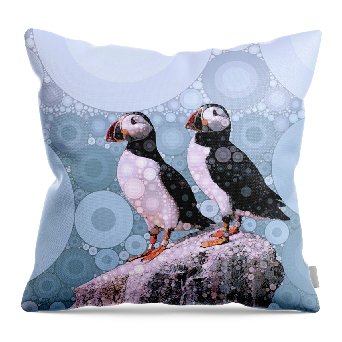 Puffins By The Sea Throw Pillow featuring the mixed media Puffins by the Sea by Susan Maxwell Schmidt