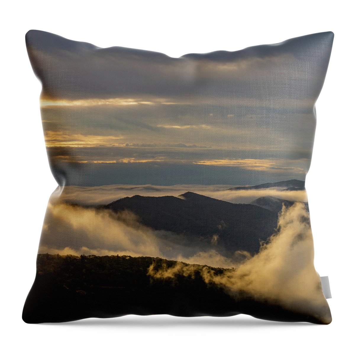 Blueridge Parkway; Landscape; Mountains; Sunrise; Clouds; Shadow; Waterrock Knob; Throw Pillow featuring the photograph Puffy Clouds by Peggy Blackwell