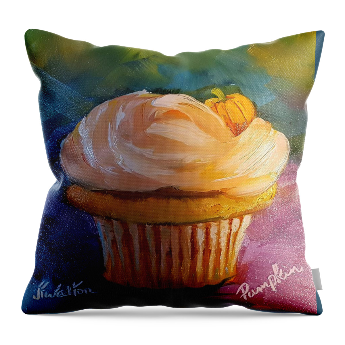 Pumpkin. Cupcake Throw Pillow featuring the painting Pumpkin Cupcake by Judy Fischer Walton