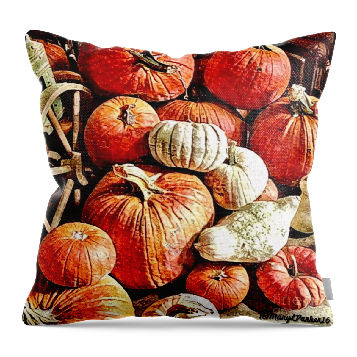 Mix Media Throw Pillow featuring the mixed media Pumpkins In The Barn by MaryLee Parker