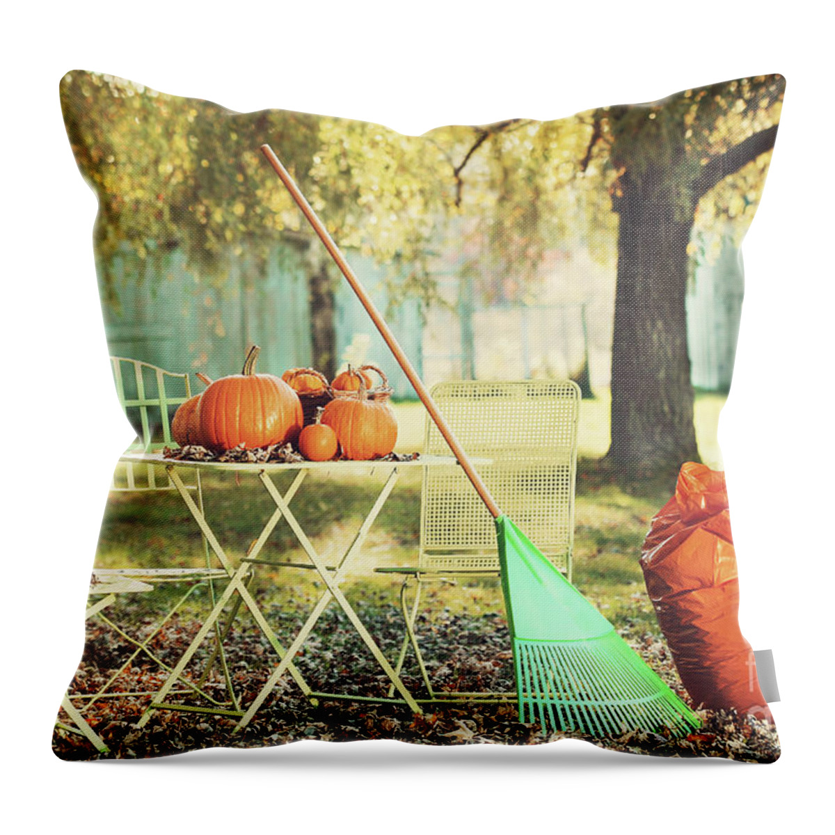 Autumn Throw Pillow featuring the photograph Pumpkins on the table by Sandra Cunningham