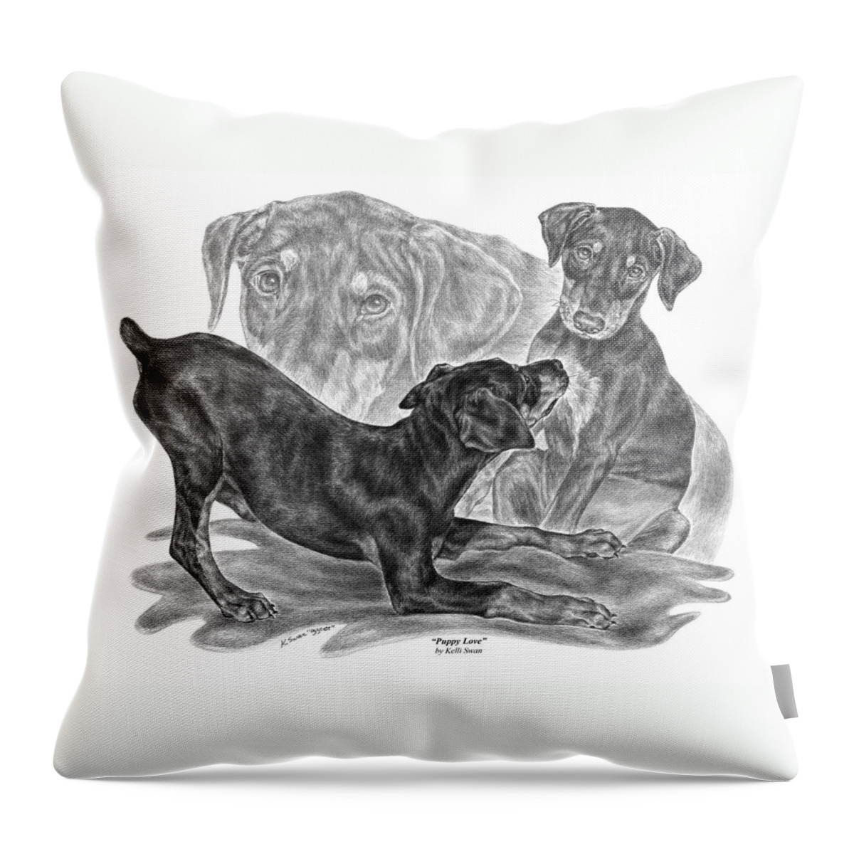 Black And Tan Doberman Throw Pillow featuring the drawing Puppy Love - Doberman Pinscher Pup by Kelli Swan