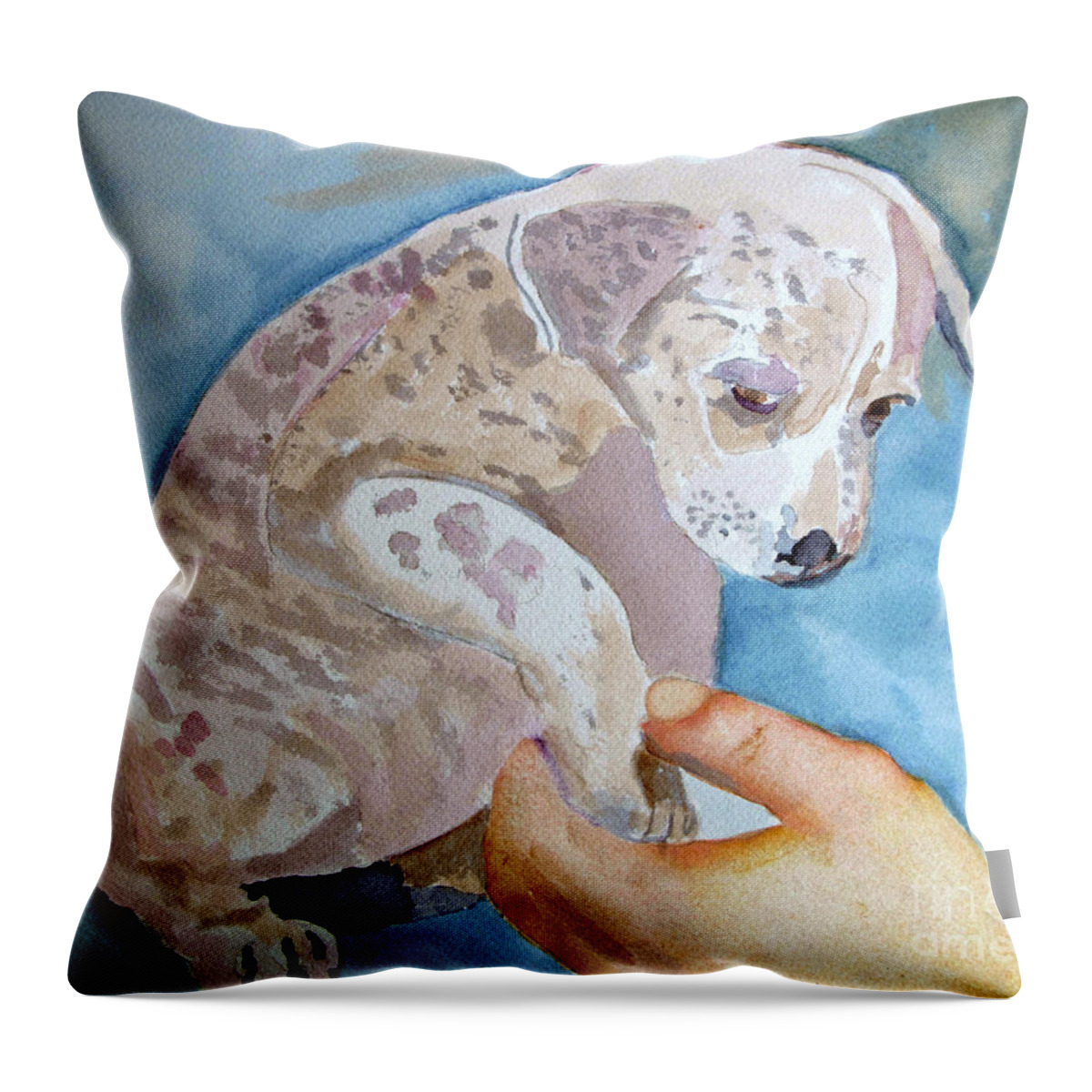 Puppy Throw Pillow featuring the painting Puppy Shaking Hands by Sandy McIntire