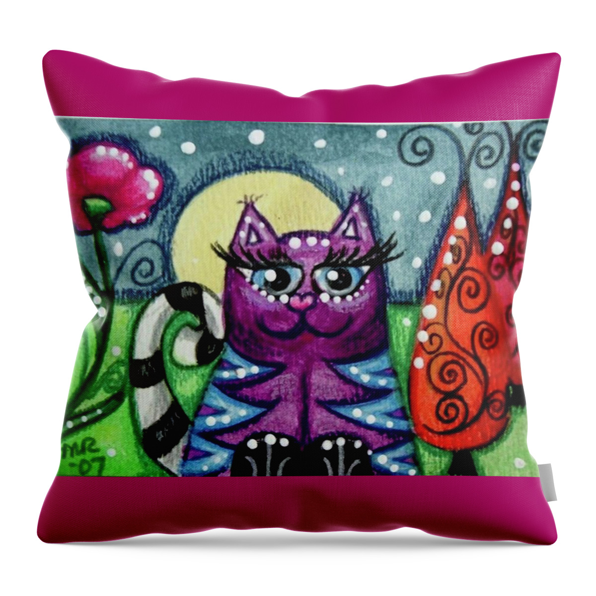Whimsical Throw Pillow featuring the painting Purple Kitty with Blue Stripes in Moonlight by Monica Resinger