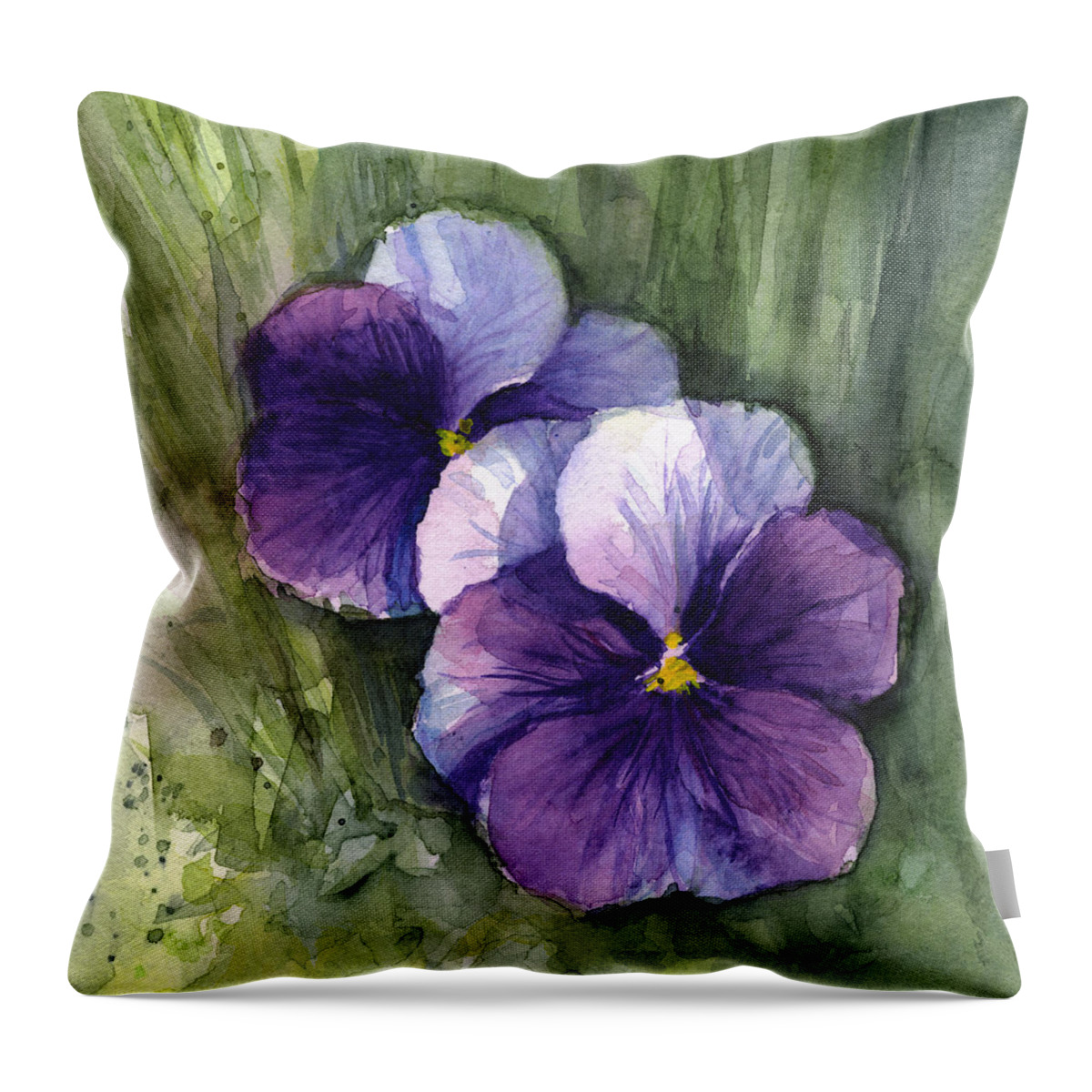 Pansy Throw Pillow featuring the painting Purple Pansies Watercolor by Olga Shvartsur