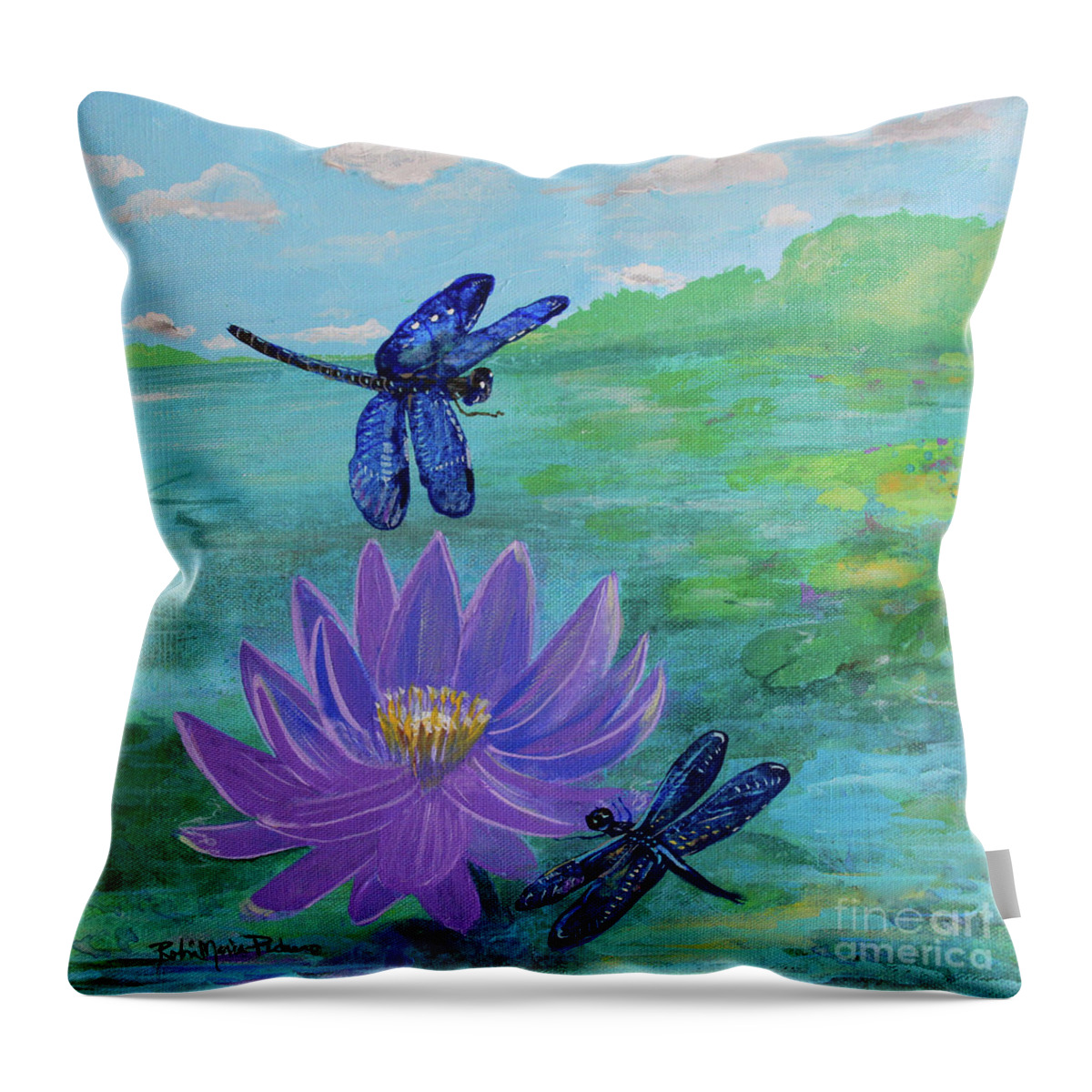 Dragonflies Throw Pillow featuring the painting Purple Water lily and Dragonflies by Robin Pedrero