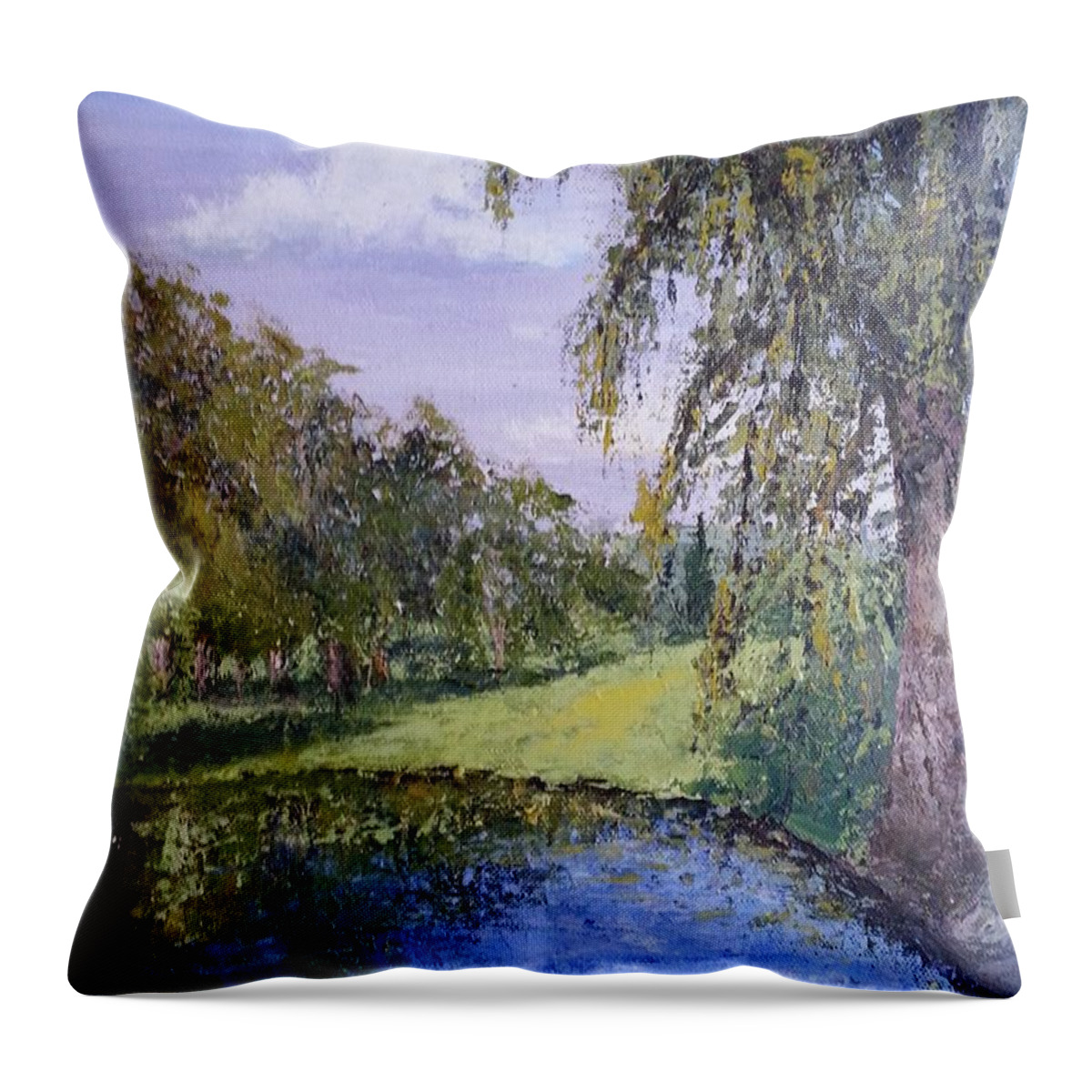 Palette Knife Painting Throw Pillow featuring the painting Putting Green Pond by Mishel Vanderten