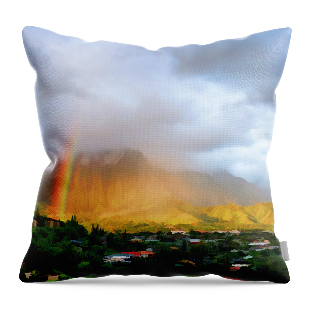 Hawaii Throw Pillow featuring the photograph Puu Alii with Rainbow by Dan McManus