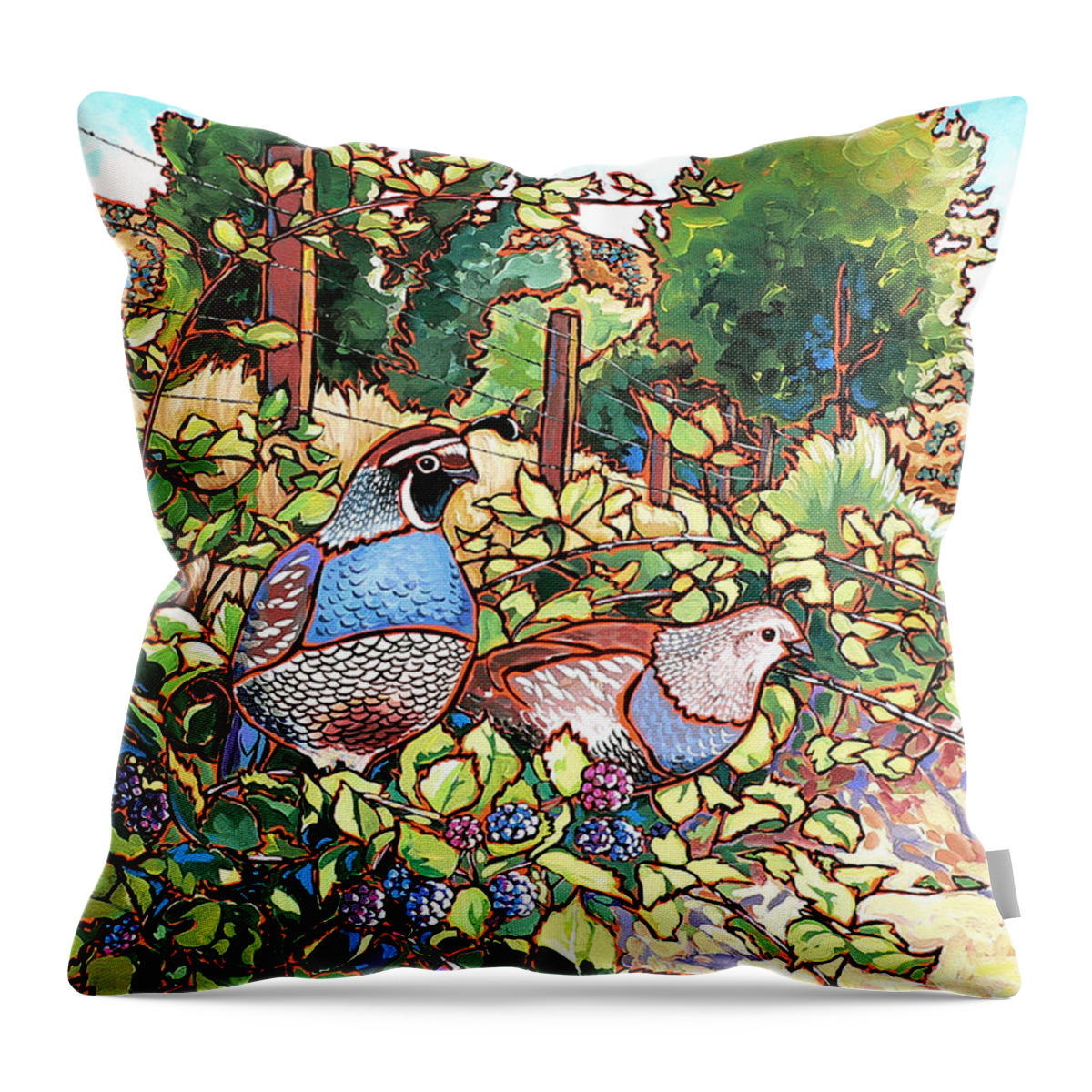 Quail Throw Pillow featuring the painting Quails and Blackberries by Nadi Spencer